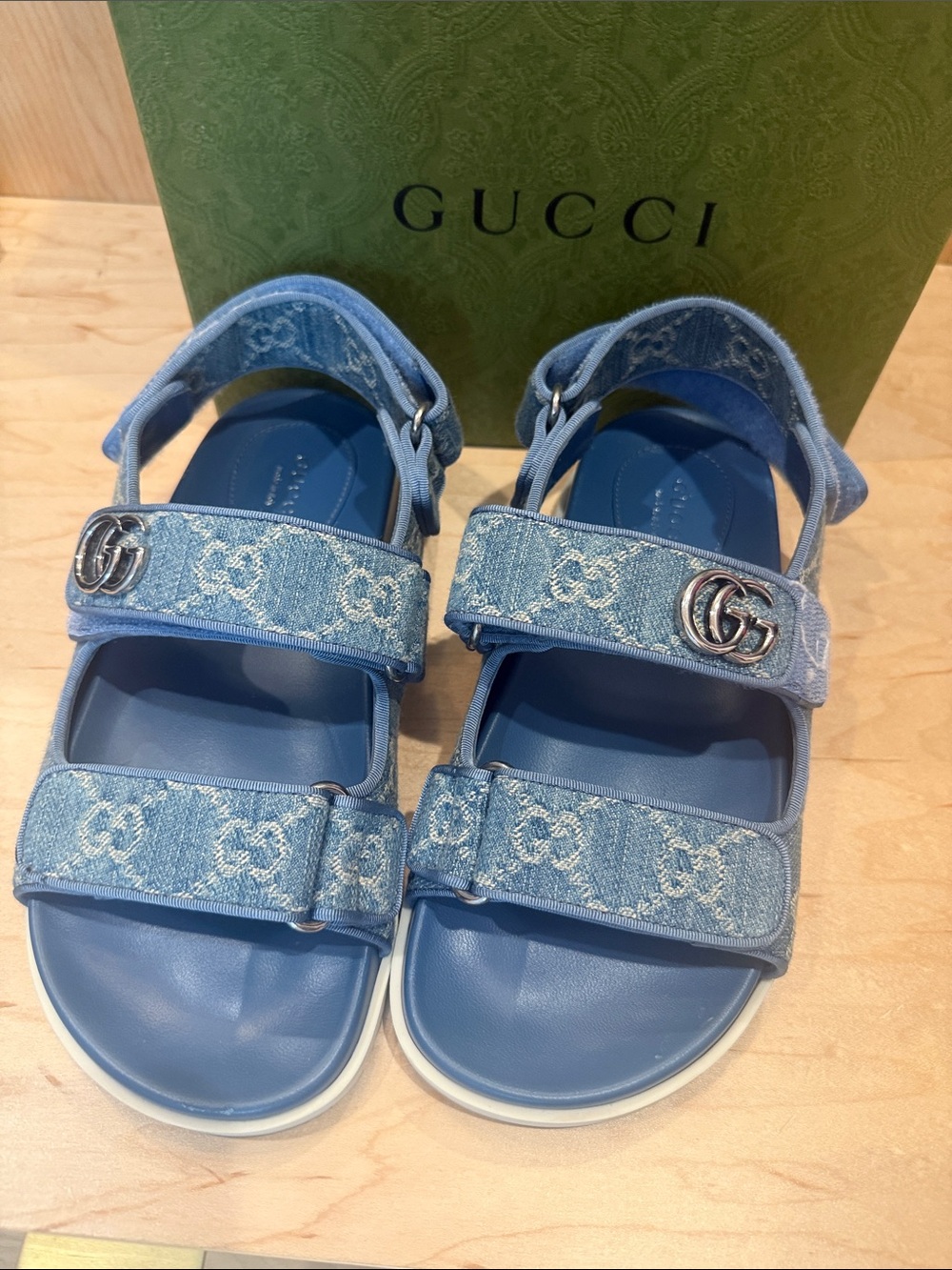 Gucci Kids Light Blue Denim GG dad Logo Sandals